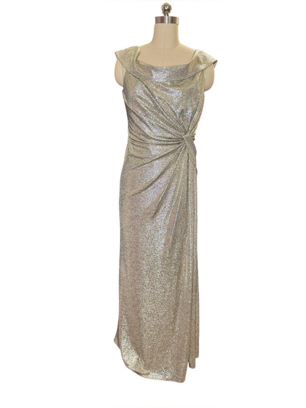 Arianna Papell Gold Metallic Draped Evening Gown Size 12 Formal Dress - Picture 3 of 5